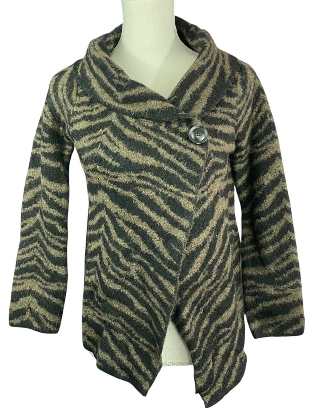 Wool Blend Black and Tan Zebra-Print Button Front Cardigan